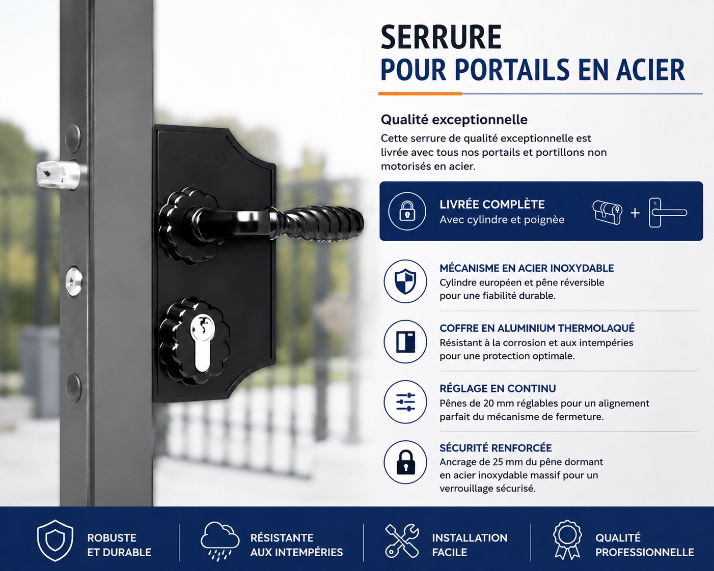 Détail de la serrure d’un portail acier battant