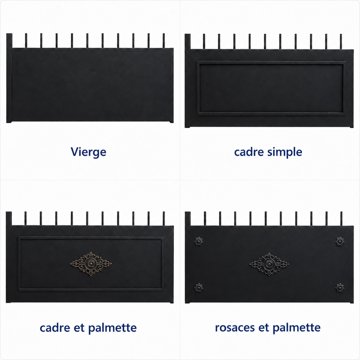 Les quatre décorations disponibles pour les portails et portillons acier
