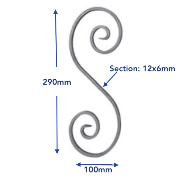 Volute en S inégale finition coupe pointue. Hauteur 290mm largeur 100mm en fer plat de 12x6mm. Fixation par soudure. Permet de décorer votre fabrication en fer forgé, portail, clôture, pergola, mais également permet de renforcer la sécurité, en diminuant le vide entre barreau, ou d'augmenter le soutien. Fourni brut, à peindre ou à vernir pour protéger contre la corrosion.