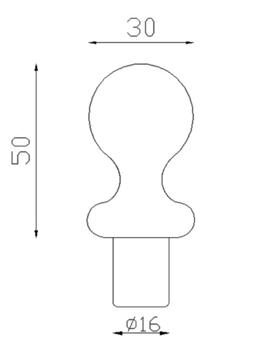 Boule d'ornement sur tige. Hauteur 50mm largeur 30mm, base diamètre ø16mm. En fer forgé finition lisse. Fixation par soudure, possibilité de l'insèrer dans un tube rond creux de diamètre 16mm intérieur. Fournie brut, à vernir ou à peindre avec un produit qui protège de la corrosion. Permet d'ajouter une touche d'élégance à votre projet, escalier ou pergola, par exemple.