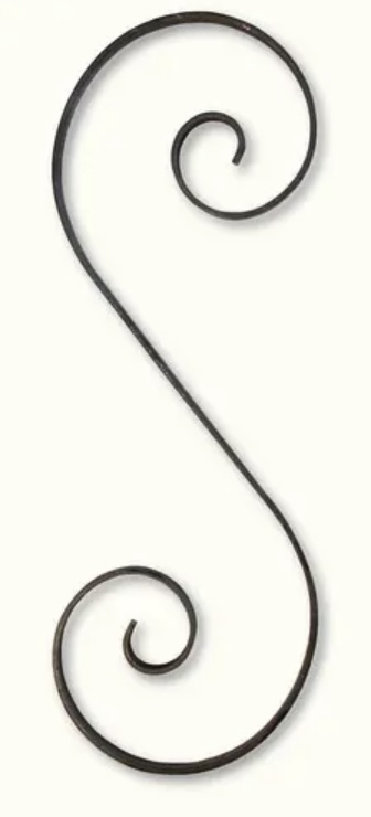 Volute en S égale finition effilée rayée Hauteur 290mm largeur 25mm en fer plat de 14x6mm. Fixation par soudure. Permet de décorer votre fabrication en fer forgé, portail, clôture, pergola, mais également permet de renforcer la sécurité, en diminuant le vide entre barreau, ou d'augmenter le soutien. Fourni brut, à peindre ou à vernir pour protéger contre la corrosion.