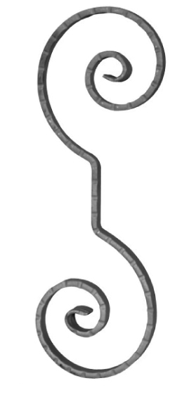 Volute en S finition effilée rayée. Hauteur 360mm largeur 125mm en fer plat martelé de 12x6mm, 60mm entre les 2 boucles. Fixation par soudure. Permet de décorer votre fabrication en fer forgé, portail, clôture, pergola, mais également permet de renforcer la sécurité, en diminuant le vide entre barreau, ou d'augmenter le soutien. Fourni brut, à peindre ou à vernir pour protéger contre la corrosion.