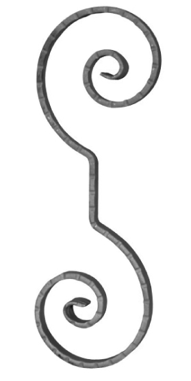 Volute en S finition effilée rayée. Hauteur 360mm largeur 125mm en fer plat martelé de 14x6mm, 60mm entre les 2 boucles. Fixation par soudure. Permet de décorer votre fabrication en fer forgé, portail, clôture, pergola, mais également permet de renforcer la sécurité, en diminuant le vide entre barreau, ou d'augmenter le soutien. Fourni brut, à peindre ou à vernir pour protéger contre la corrosion.