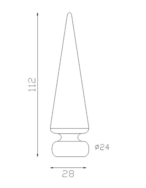 Pointe de lance de 112mm de haut par 28mm de large et avec une base d'un diamètre de 24mm en fer forgé.