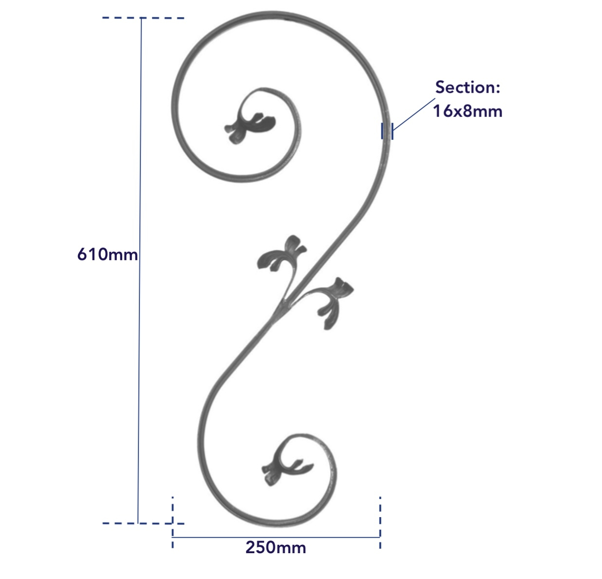 Volute en S inégale avec en détail 4 feuilles. Modèle Gauche. Hauteur 610mm largeur 250mm en fer plat rayé de 16x8mm. Fixation par soudure. Permet de décorer votre fabrication en fer forgé, portail, clôture, pergola, mais également permet de renforcer la sécurité, en diminuant le vide entre barreau, ou d'augmenter le soutien. Fourni brut, à peindre ou à vernir pour protéger contre la corrosion.