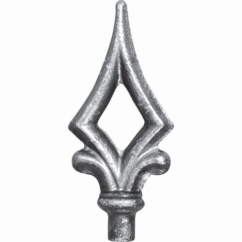 Pointe de lance ajourée en fer forgé. Hauteur 100mm largeur 45mm avec une base en tige d'un diamètre de 12mm qui permet d'être insérée dans un tube creux. Elément décoratif idéal pour votre portail ou clôture, par exemple. Fixation par soudure. Fournie brut, à peindre ou à vernir avec un produit adapté qui protège contre la corrosion, produit galvanisable.