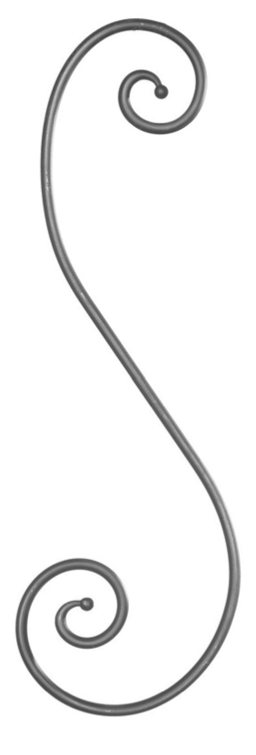 Grande volute en S finition boule. Hauteur 700mm largeur 220mm en rond lisse de diamètre 12mm. Fixation par soudure. Permet de décorer votre fabrication en fer forgé, portail, clôture, pergola, mais également permet de renforcer la sécurité, en diminuant le vide entre barreau, ou d'augmenter le soutien. Fourni brut, à peindre ou à vernir pour protéger contre la corrosion.