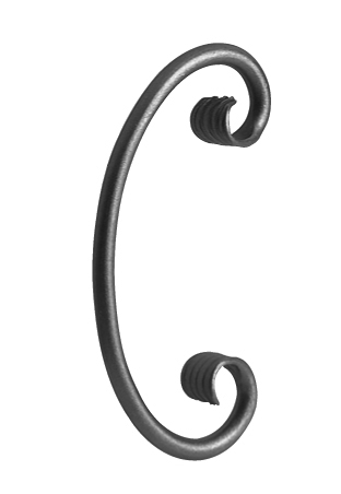 Volute en fer forgé décorative. Hauteur de 220mm et largeur de 110mm. En section ronde et lisse de 14mm de diamètre. Les extrémités de la volute sont effilées et rayées. En forme de C.