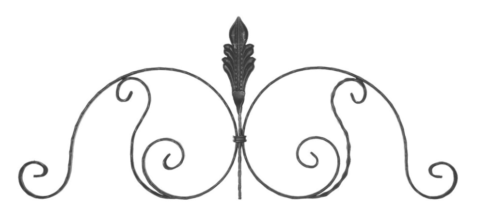 Dessus de portail en fer forgé. 400mm de hauteur par 950mm de long. Section en plat martelé de 25x6mm. Composé de 2 volutes symétrique et d’une feuille au centre. Les extrémités des volutes sont effilées et rayées.