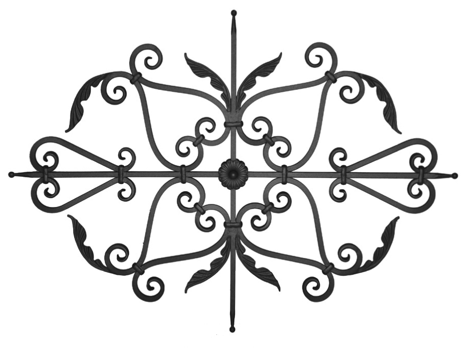 Panneau décoratif composé de 12 volutes avec finition feuille, 1 palmette centrale double face  et 4 lances. Hauteur 1420mm et Largeur 1030mm avec profilé en carré lisse de 16x16mm. Ce panneau décoratif peut être présenté à l'horizontale ou à la verticale, son utilisation est multiple: balcon, terrasse, fenêtre, balustrade... Fixation par soudage. Fourni brute, à peindre ou à vernir.