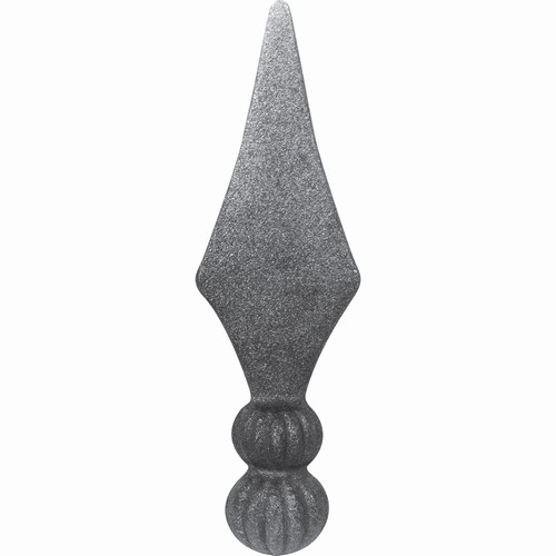 Pointe de lance avec base en forme de double boules à facettes en fer forgé. Hauteur 160mm largeur 50mm avec une base pleine de diamètre 30mm, compatible avec un barreau de diamètre inférieur ou égal. Elément décoratif idéal pour votre portail ou clôture, par exemple. Fixation par soudure. Fournie brut, à peindre ou à vernir avec un produit adapté qui protège contre la corrosion, produit galvanisable.