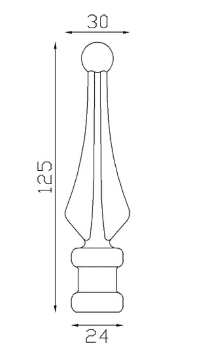 Pointe de lance à quatre faces avec extrémité en forme de boule, en fer forgé. Hauteur 125mm largeur 30mm avec une base carré pleine de côté 20mm, compatible avec un barreau de largeur inférieur ou égal. Elément décoratif idéal pour votre portail ou clôture, par exemple. Fixation par soudure. Fournie brut, à peindre ou à vernir avec un produit adapté qui protège contre la corrosion, produit galvanisable.
