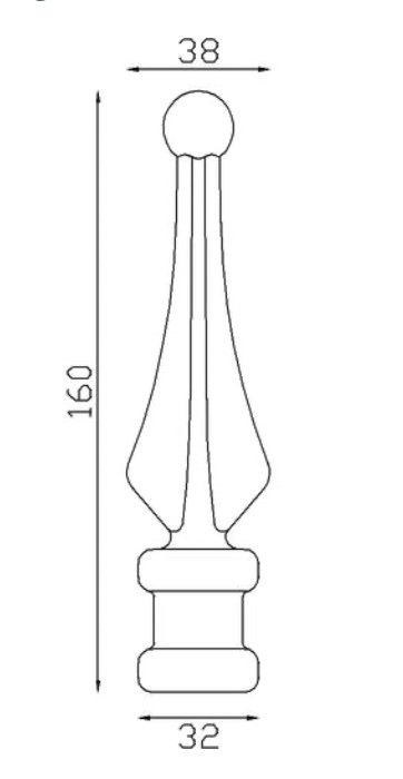 Pointe de lance à quatre faces avec extrémité en forme de boule, en fer forgé. Hauteur 130mm largeur 38mm avec une base carrée pleine de côté 32mm, compatible avec un barreau de largeur inférieur ou égal. Elément décoratif idéal pour votre portail ou clôture, par exemple. Fixation par soudure. Fournie brut, à peindre ou à vernir avec un produit adapté qui protège contre la corrosion, produit galvanisable.