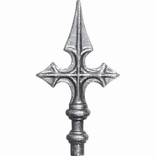Pointe de lance style fleur de lys surélevée, en fer forgé. Hauteur 160mm largeur 82mm avec une base ronde pleine de diamètre de 16mm, la tige permet son insertion dans un tube creux. Elément décoratif idéal pour votre portail ou clôture, par exemple. Fixation par soudure. Fournie brut, à peindre ou à vernir avec un produit adapté qui protège contre la corrosion, produit galvanisable.