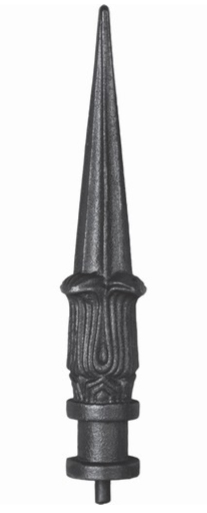 Pointe de lance de 245mm de haut par 54mm de large et avec une base d'un diamètre de 32mm en fonte aciérée.