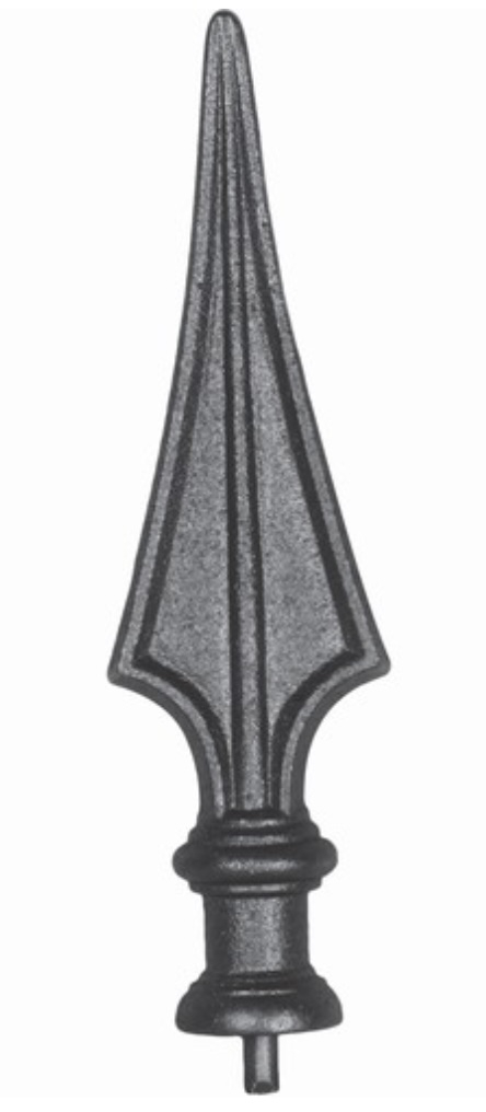 Pointe de lance de 230mm de haut par 64mm de large et avec une base d'un diamètre de 39mm en fonte aciérée.