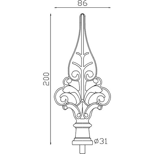 Pointe de lance de 200mm de haut par 86mm de large et avec une base d'un diamètre de 31mm en fonte avec tige acier soudable 