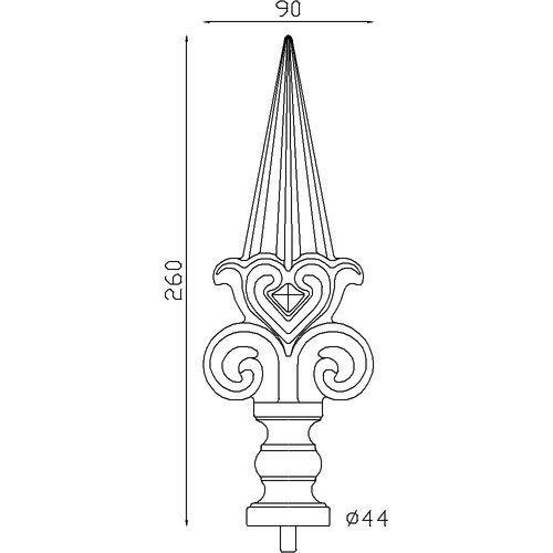 Pointe de lance de 260mm de haut par 90mm de large et avec une base d'un diamètre de 44mm en fonte aciérée avec tige acier