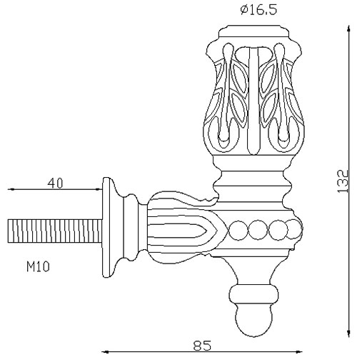 Equerre pour rampe en fonte à visser. Filetée M10. Livrée avec sa vis de fixation. Compatible avec des barreaux rond diam 16mm.