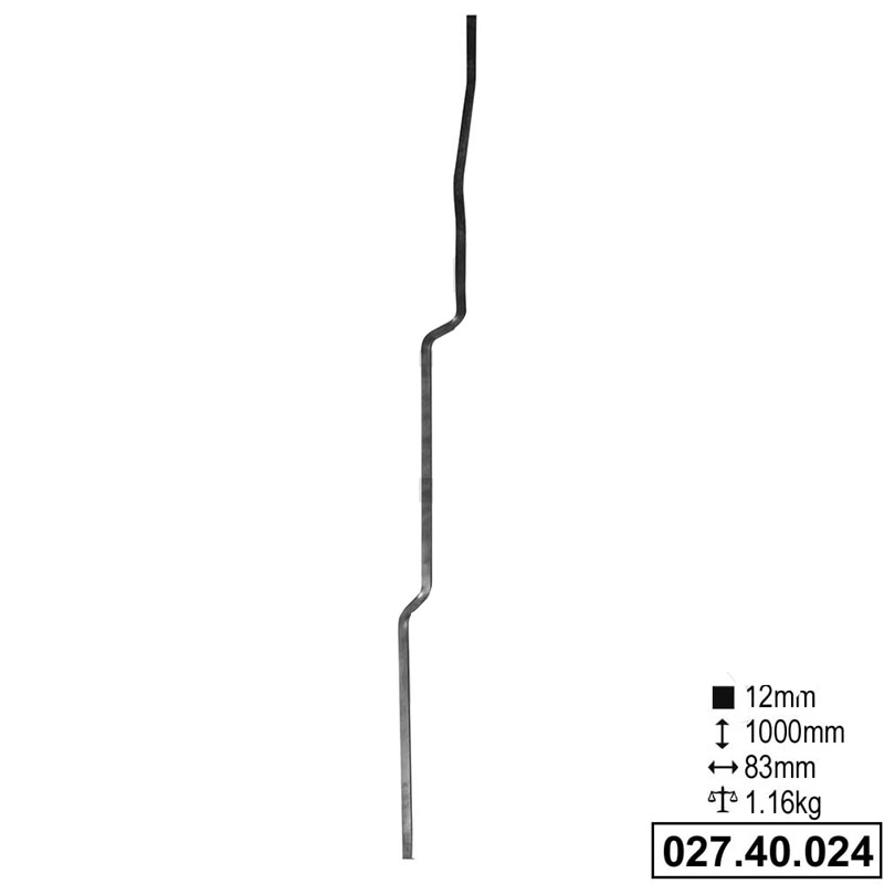 Barreau en fer plein carré de 12mm de section. Hauteur de 1000mm. Généralement utilisé pour les garde-corps ou les rampes. Type E.