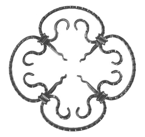 Rosette en fer forgé à souder. Hauteur de 270mm et largeur de 270mm. Section en plat lisse de 14x6mm. Motif composé de 4 volutes en forme de C striée les tranches. 