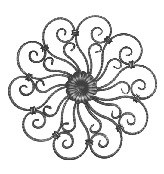 Rosette en fer forgé à souder. Hauteur de 445mm et largeur de 445mm. Section en plat lisse de 14x6mm. Motif composé de 20 volutes et d’une fleur au centre. La fleur centrale est présente des deux côtés. Toutes les volutes sont striées les tranches.