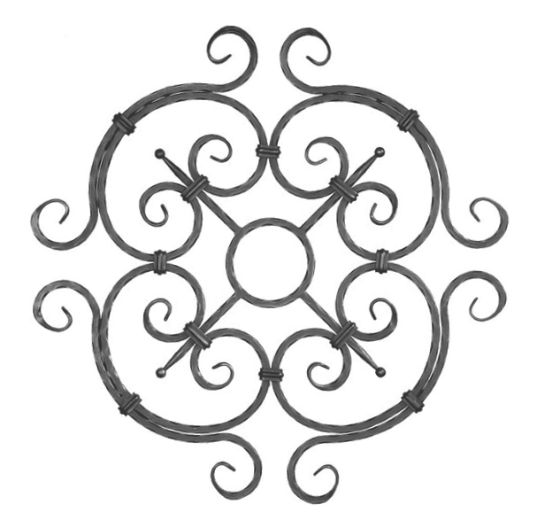 Rosette en fer forgé à souder. Hauteur de 710mm et largeur de 710mm. Section en carré martelé de 12mm. Motif composé de 8 volutes et d’un cercle au centre.