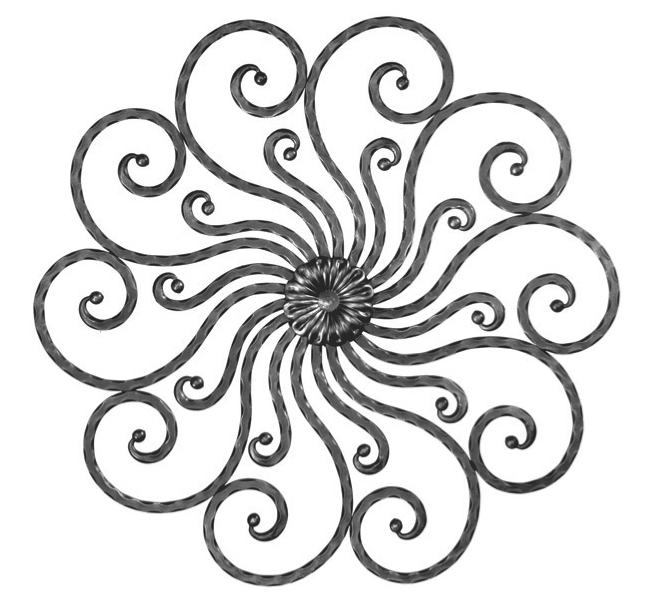 Rosette en fer forgé à souder. Hauteur de 780mm et largeur de 780mm. Section en carré martelé de 12mm. Motif composé de 20 volutes et d’une fleur au centre. La fleur centrale est présente des deux côtés. Les volutes ont des boules de finition aux extrémités. 