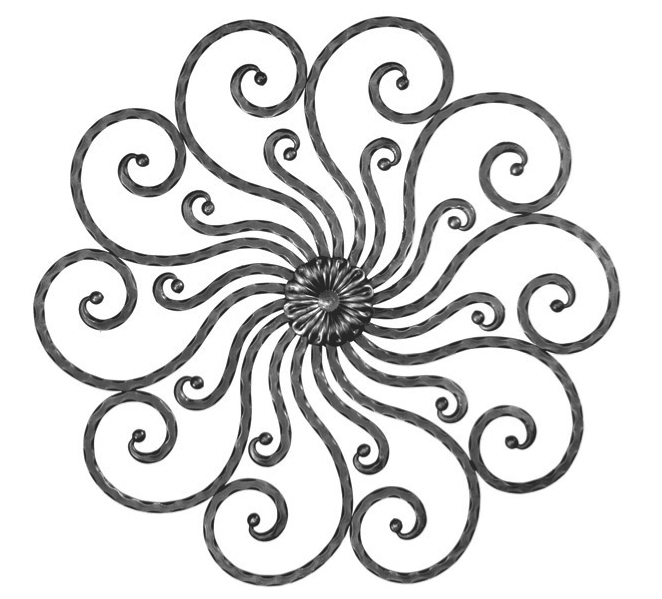 Rosette en fer forgé à souder. Hauteur de 780mm et largeur de 780mm. Section en carré martelé de 14mm. Motif composé de 20 volutes et d’une fleur au centre. La fleur centrale est présente des deux côtés. Les volutes ont des boules de finition aux extrémités.