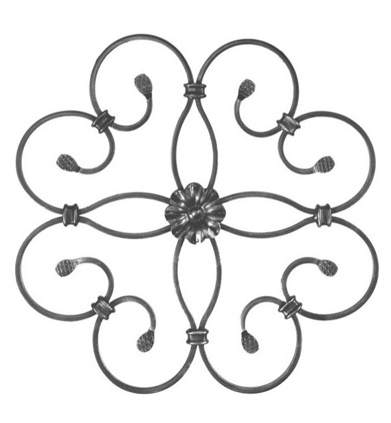 Rosette en fer forgé à souder. Hauteur de 360mm et largeur de 360mm. Section en plat lisse de 14x6mm. Motif composé de 8 volutes et d’une fleur au centre. La fleur centrale est présente des deux côtés.