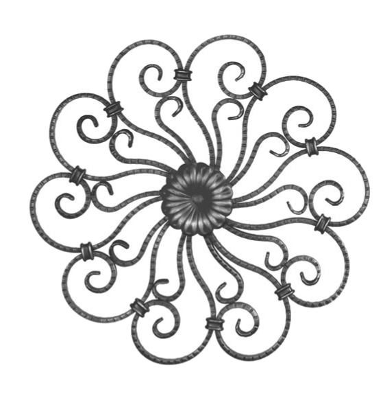 Rosette en fer forgé à souder. Hauteur de 445mm et largeur de 445mm. Section en plat lisse de 16x6mm. Motif composé de 20 volutes et d’une fleur au centre. La fleur centrale est présente des deux côtés. Toutes les volutes sont striées les tranches.