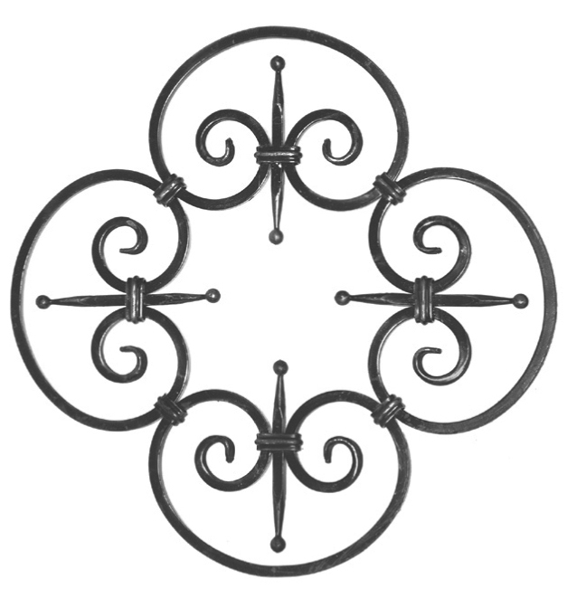 Rosette en fer forgé à souder. Hauteur de 580mm et largeur de 580mm. Section en carré lisse de 12mm. Motif composé de 4 volutes en forme de C. Les extrémités des volutes sont aplatis.