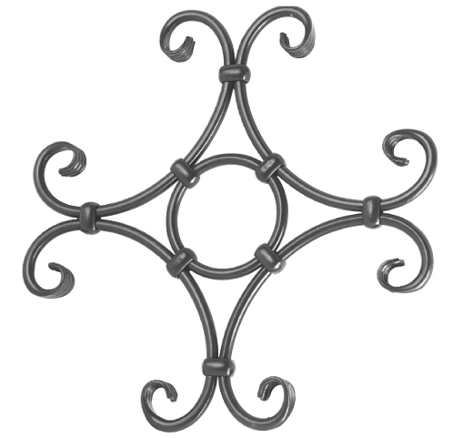 Décor composé de 4 volutes en C unies par une bague carrée avec au centre un cercle. Hauteur 360mm et largeur 360mm, section en tube rond lisse de ø12mm. Cet élément décoratif trouvera sa place dans votre portail ou votre grille de défense, par exemple. Fixation par soudure. Fournie brut, à peindre ou à venir avec un produit adapter pour la protéger de la corrosion.