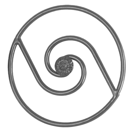 Cercle décoratif en fer forgé à souder. Diamètre total de 250mm. Motif composé d’une spirale et d’une rosace au centre. Le décor est en rond lisse de 10mm de diamètre. La rosace centrale est visible des deux côtés.