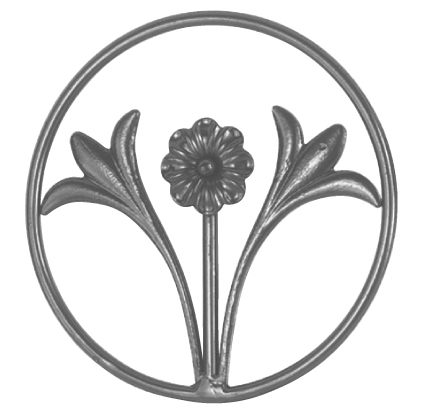 Cercle décoratif en fer forgé à souder. Diamètre total de 250mm. Motif composé d’une plante et d’une rosace au centre. Le décor est en rond lisse de 10mm de diamètre. La rosace centrale est visible des deux côtés.