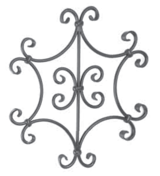 Décor en fer forgé symétrique composé de  8 volutes en C dont 2 centrales plus petites. Hauteur 500mm largeur 500mm, section en rond de diamètre 14mm. Ce décor trouvera sa place dans votre portail ou dans votre clôture, par exemple.Fixation par soudure. Fourni brut, à peindre ou à vernir avec des produits adaptés qui permettront de la protéger contre la corrosion.