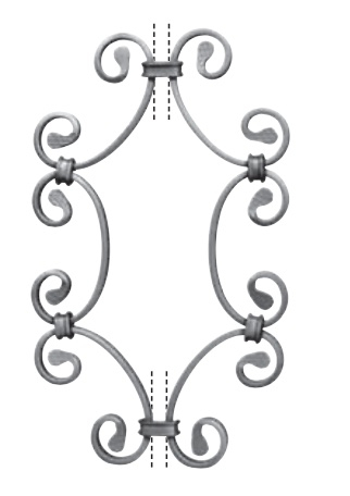 Composition de volutes pour y insérer un barreau en carré de 12mm, formé de 6 volutes. Hauteur 380mm largeur 230mm, volute en fer plat de section 12x6mm. Ce décor de barreau ajoutera de l'esthétisme à votre clôture, portail ou garde corps par exemple, tout en accentuant la sécurité en remplissant le vide entre deux barreaux. Fixation par soudure. Fourni brut, à vernir ou à peindre avec des produits adaptés pour la protection contre la corrosion.