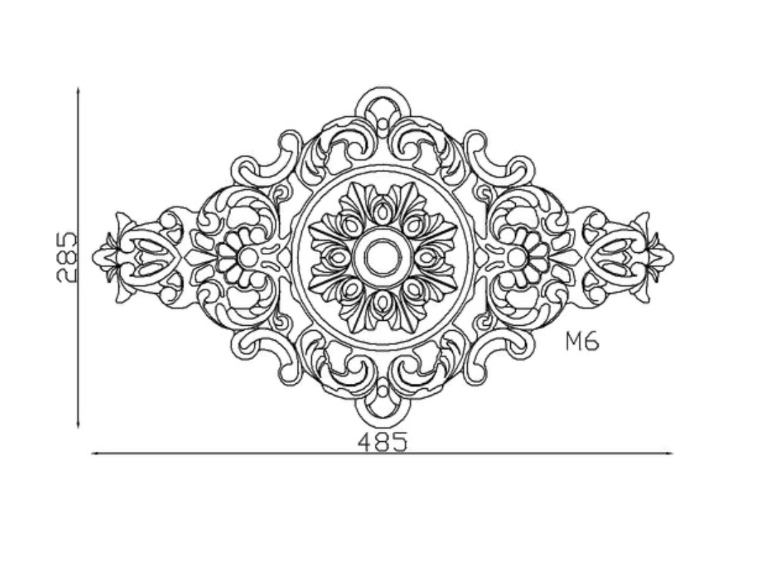 Palmette en fonte avec détail floral. Hauteur 285mm Longueur 485mm. Utilisation pour ornement de votre portail ou portillon, par exemple, souvent en association avec des rosaces. Fixation par vissage avec deux vis en M5, soit  Ø4,2mm (vis non fournies). Fournie brut, à peindre ou à vernir avec des produits adaptés qui permettront sa protection contre la corrosion. La fonte est reconnue pour sa solidité et sa durabilité.