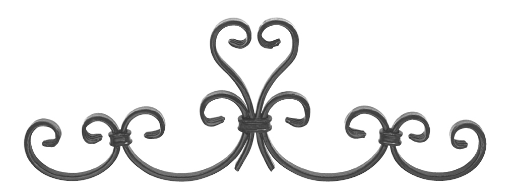 Dessus de portail en fer forgé. 175mm de hauteur par 500mm de long. Section en plat de 12x6mm. Composé de 6 volutes et de forme symétrique. Les extrémités des volutes sont effilées et rayées. Fixation par soudure. Fourni brut, à peindre ou à vernir avec des produits adaptés qui permettront de la protéger de la corrosion. Cet élément décoratif permettra de personnaliser votre fabrication en alliant esthétisme et protéction, puisque ça rallonge la hauteur. 