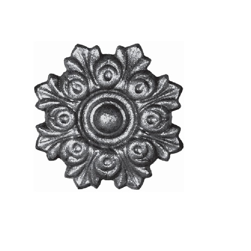 Rosace en fonte avec motif floral. Diamètre de 55mm. Utilisation pour ornement de votre portail ou portillon, par exemple, souvent en association avec des palmettes. Fixation par vissage avec vis en M5, soit  Ø4,2mm, grâce à son taraudage M6 (vis non fournies). Fournie brut, à peindre ou à vernir avec des produits adaptés qui permettront de la protéger de la corrosion. La fonte  est reconnue pour sa solidité et sa durabilité.