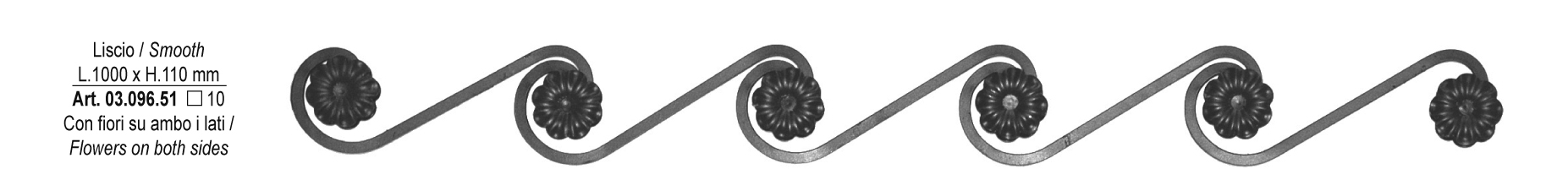 Frise en fer forgé double face. Hauteur 110mm Longueur 1000mm, en section en carré lisse de 10mm. Composé de volutes et de rosaces à répétition. Les rosaces sont présentes sur les deux faces. Fixation par soudure. Fournie brute, à peindre ou à vernir avec des produits adaptés qui permettront de la protéger de la corrosion pour assurer la longévité de votre fabrication.