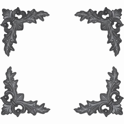 Jeu de 4 décors d'angle en fonte motif feuille pour ornementer la tôle de portail. Hauteur 130mm Largeur 130mm. épaisseur 12mm. Il apportera un certain cachet à votre portail et portillon. Fixation par vissage avec vis en taraudage M5 (soit 4,2mm). Fourni brute, à peindre ou à vernir. La fonte est reconnue pour sa solidité, sa durabilité et sa résistance à la corrosion.