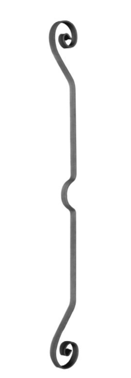 Volute en fer forgé décorative, symétrique avec motif au centre. Hauteur de 720mm et largeur de 75mm, section en fer plat de 20x6mm. Les extrémités des volutes sont effilées et rayées, ce qui apporte de l'élégance à la fabrication. Peut-être utilisée en tant que frise dans un garde-corps ou intégrée dans un bandeau de renfort par exemple. Fixation par soudure.Fournie brut, à peindre ou à venir.