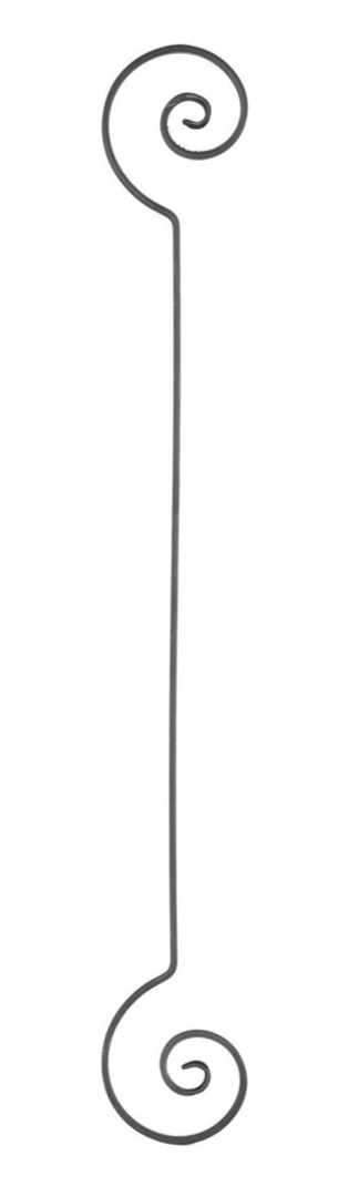 Volute en fer forgé décorative, symétrique. Hauteur de 950 et largeur de 125mm. Section en plat de 14mm de large et 6mm d’épaisseur.  Peut-être utilisée en tant que frise dans un garde-corps par exemple ou à l'horizontale dans un bandeau de soutien. Les extrémités des volutes sont effilées et rayées. Fixation par soudure. Fournie brute, à peindre ou à vernir.