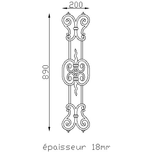 Décor en fonte pour appui de fenêtres double face de 890mm de haut par 200mm de large.Pour fabrication de garde corps et appuis de fenètres.Fixation par soudage sur la lisse à l'aide des tige d'acier