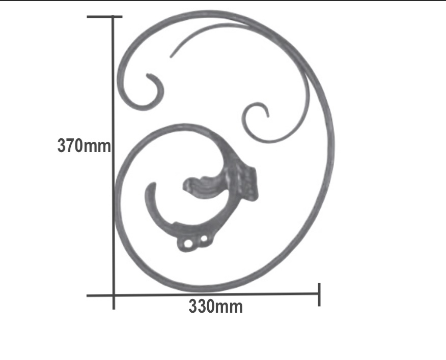 Volute en C finition effilée et rayée, décorée avec feuilles et demi volute, modèle gauche, en fer forgé. Hauteur 370mm Largeur 330mm section en rond de diamètre 12mm. Fixation par soudure. Permet de décorer votre fabrication en fer forgé, portail, clôture, pergola, mais également permet de renforcer la sécurité, en diminuant le vide entre barreau, ou d'augmenter le soutien. Fourni brut, à peindre ou à vernir pour protéger contre la corrosion. Peut être présentée à l'horizontal ou à la vertical.
