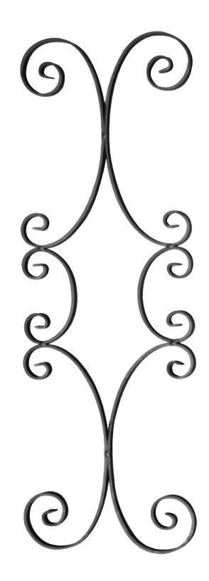 Panneau décoratif en fer forgé. 720mm de hauteur par 250mm de long. Section en plat lisse de 16x4mm. Composé de 6 volutes inégales en forme de C et d’un cercle au centre. Les extrémités des volutes sont effilées et rayées.