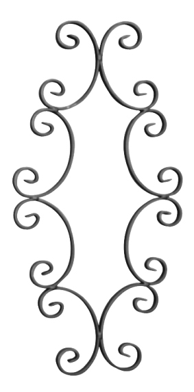 Panneau décoratif en fer forgé. 540mm de hauteur par 250mm de long. Section en plat lisse de 16x4mm. Composé de 8 volutes égales en forme de C. Les extrémités des volutes sont effilées et rayées.