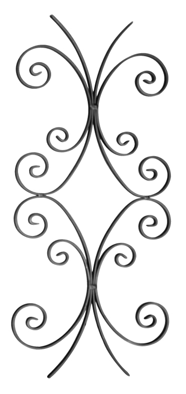 Panneau décoratif en fer forgé. 720mm de hauteur par 330mm de long. Section en plat lisse de 16x4mm. Composé de 8 volutes inégales en forme de C. Les extrémités des volutes sont effilées et rayées.