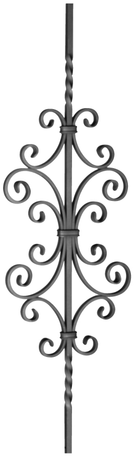Barreau à souder en fer forgé. Section carré de 12mm. 950mm de hauteur et 270mm de largeur. En acier lisse avec deux parties torsadées. Composé d’un motif avec 8 volutes en forme de C au centre. Les volutes sont en plat de 12x6mm. Fixation par soudure. Utilisation en intérieur ou en extérieur pour toutes sortes de fabrication en fer forgé comme un garde corps, un portail, une rampe d'escalier, une grille de défense, par exemple... Fourni brut, à peindre ou à vernir pour le protéger contre la corrosion.